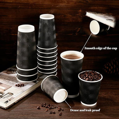 Lamosi 8 oz Disposable Coffee Cups - 120 Pack, Insulated Corrugated Paper Cups, Kraft Ripple Wall Cups for Hot Beverage or Cold Drinks (Black)