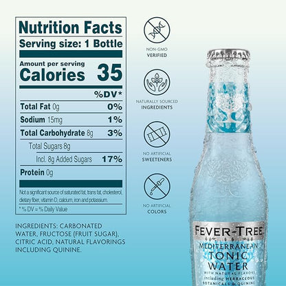 Fever-Tree Mediterranean Tonic Water Glass Bottles, No Artificial Sweeteners, Flavorings & Preservatives, 6.8 Fl Oz (Pack of 24)