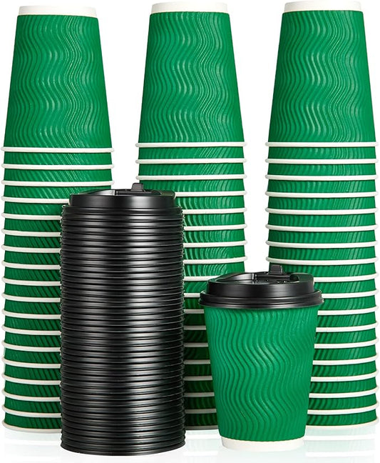 100 Count 12 OZ Coffee Cups with Lids, Insulated Ripple Wall Paper Hot Coffee Paper Cups for Hot Drinks