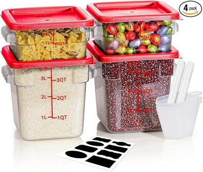 2QT&4QT NSF Food Storage Containers with Lids: 4 PCS [Total Food Grade][Hot&Cold Resistant] Commercial Clear Food Storage Containers for Restaurant Kitchen Proof Dough (Red)