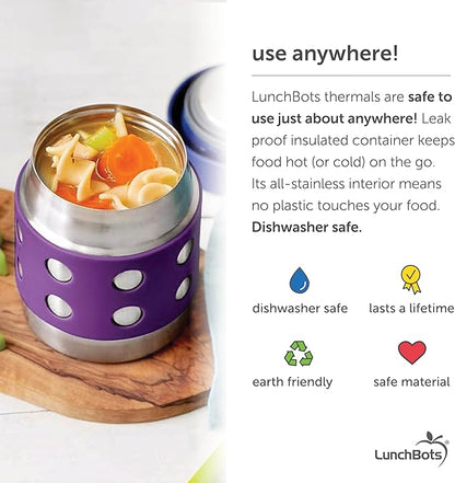 LunchBots Thermal 8 oz Triple Insulated Thermos - Hot 6 Hours or Cold 12 Hours - Leak Proof Thermos Soup Jar - All Stainless Interior - Navy Lid - Purple Dots