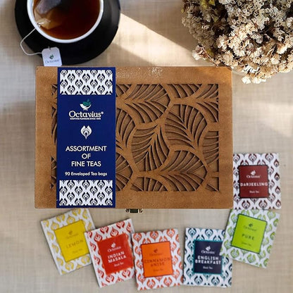 Octavius Tea Gift Set - Assorted Black & Green Tea Bags in Wooden Box | 6 Flavors, 90 Count | Premium Tea Sampler for Women & Men | Wellness Gift, Holiday, Birthday, Office, Corporate Gifting