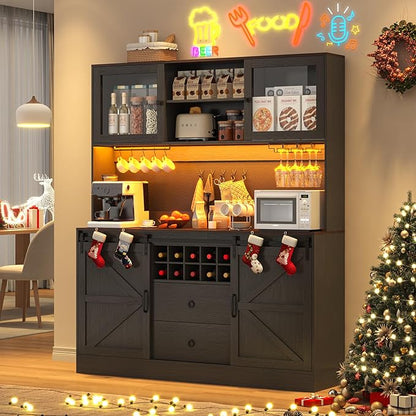 74" Tall 63" Wide Larg Bar Cabinet w/ Outlet,6000-color LED Light,Pegboard,Farmhouse Hutch Bar Cabinet w/Barn Door,2 Big Drawers,Adjustable Shelves,10 Wine & Glasses Rack,5 Hook for Kitchen,Black