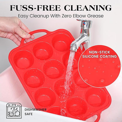 1 Pc Silicone Muffin Pan for Baking with Metal Frame, Nonstick 12 Cup Regular Size Cupcake Pan, Silicone Muffin Tray for Egg Bites (Red)