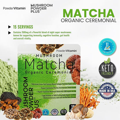 PowderVitamin Organic Ceremonial Mushroom Matcha Certified Pesticide-Free Grass-Fed Collagen Types I & III, 8 Fruiting Body Mushrooms Tested for Beta-Glucans Focus Digestion & Immunity 15 Servings