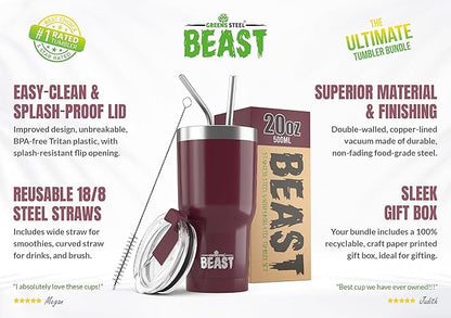 Beast 20 oz Tumbler Stainless Steel Vacuum Insulated Coffee Ice Cup Double Wall Travel Flask (Cranberry Red)