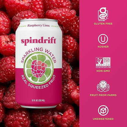 Spindrift Sparkling Water, Raspberry Lime Flavored, Made with Real Squeezed Fruit, Only 9 Calories per Can, 12 Fl Oz Cans, Pack of 24