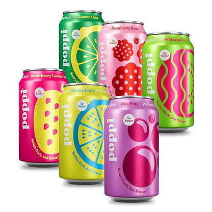 Poppi Sparkling Prebiotic Soda Beverage with Apple Cider Vinegar, Seltzer Water and Fruit Juice, Party Starters Variety Pack, 12 Fl Oz, Pack of 12, Packaging May Vary