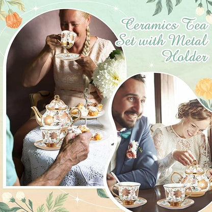 Zhehao 20 Pcs Porcelain Tea Set with Metal Holder and Spoon Adult Ceramic Tea Party Set European Flower Painting Teapot Cup Saucer Spoon Set for Women, Large Version(Elegant Style)