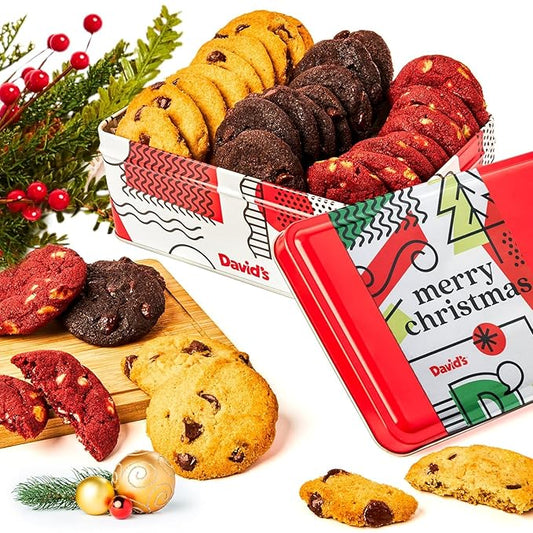 David's Cookies Merry Christmas Mini Cookies in Sweet Sampler Tin - Assorted Mini Christmas Cookies with Chocolate & White Chocolate Chip and Red Velvet - Gourmet Cookie Gift Basket for Holidays 14oz