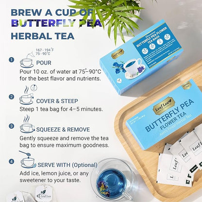 LeafLea 80 Butterfly Pea Flower Tea Bags, Natural Herbal Tea for Blue and Purple Drinks, Mocktails, and Food Coloring, Caffeine-Free, Sugar-Free, Non-GMO, Pack of 2