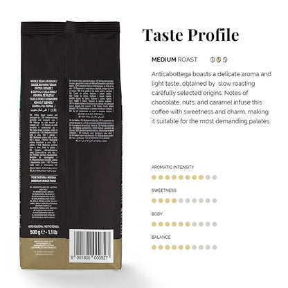 Caffe Vergnano 1882 Antica Bottega Whole Bean Arabica Medium Roast Espresso, 1.1 lbs Bag - Italian Coffee Beans with notes of Chocolate, Nuts & Caramel, Intensity 5/10-500g Bag