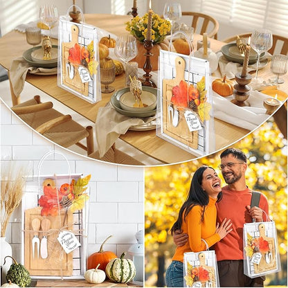 6 Sets Autumn Gifts Bridal Shower Favor 43 Pcs Wooden Square Cheese Board with Knives Forks Kitchen Towels Tags, Pre-Assembled Gifts for Fall Thanksgiving Party Supplies Winner Game Prizes
