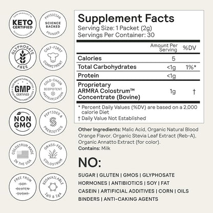 ARMRA Colostrum™ Powder | Blood Orange | Gut Health & Bloating | Skin & Hair | Immunity | Keto, Gluten & Fat-Free | 60 Servings