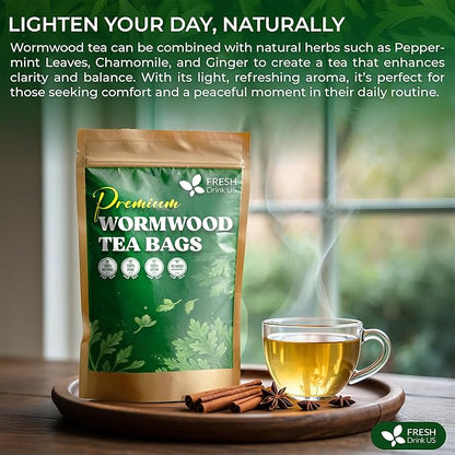FreshDrinkUS, Premium Wormwood Tea - 135 Tea Bags - Handcrafted Herbal Blend, Caffeine-Free – Smooth Taste & Naturally Refreshing.