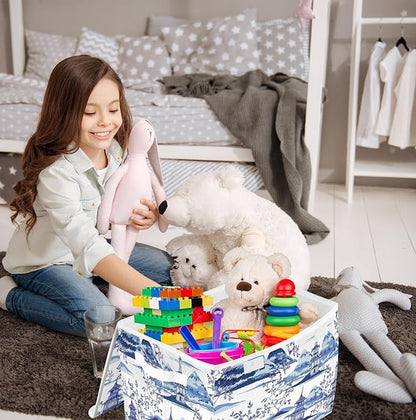 susiyo Ink Chinoiserie Pagodas Storage Bin Large Collapsible Storage Box Stackable design Fabric Storage Bins with Lids Decorative Multi-Color Foldable Organizing Baskets For Closet