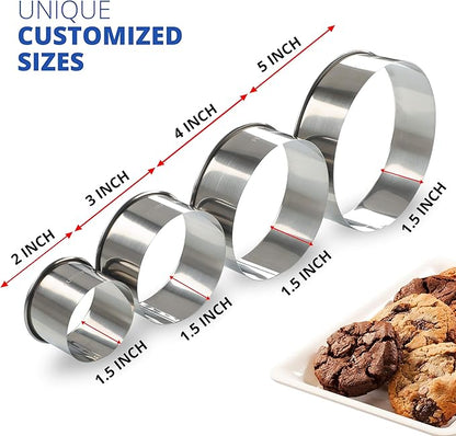 Cookie Cutter Set, 4 Pc. Kit, Measuring 2'', 3'', 4'' and 5'', Round Metal Baking Rings for Pastry, Biscuits, and Dough Cutting, Heavy Duty and Reusable, Multiple Sizes