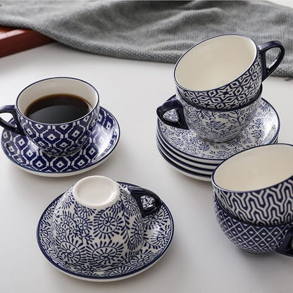 Selamica Ceramic 8 oz Cappuccino Cup Set with Saucers, Espresso Coffee Cups, Latte Macchiato for Party Cafe Home, Set of 6, Vintage Blue