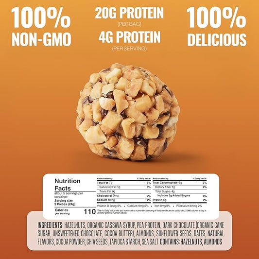 The GFB Dark Chocolate Hazelnut Protein Bites - Gluten Free, Plant Based, Non GMO, Sustainably Made – Ridiculously Tasty, Healthy, Vegan, Protein Energy Balls, 4 oz (6 Count)