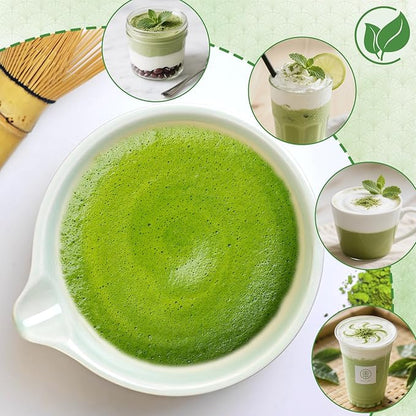Matcha Whisk Set, 7 Pcs Ceramic Matcha Kit, Matcha Bowl with Spout, Matcha Whisk, Holder, Stainless Sifter, Bamboo Scoop and Tea Towel, Matcha Gift Set for Matcha Tea Lovers