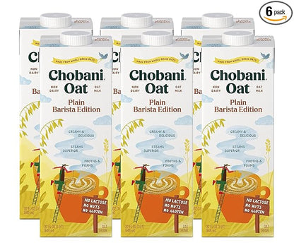 Chobani Oat Milk, Plain Oat Barista Edition, Shelf Stable Non Dairy Milk, Creamer, Vegan Friendly, Gluten-Free, 32 FL OZ (Pack-6)