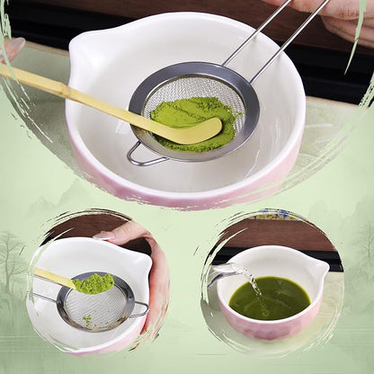 7-Pcs Matcha Whisk Set - Ceramic Matcha Set Includes Bowl,Whisk,Holder,Bamboo Scoop,Scoop Rest,Sifter & Tea Towel – Japanese Traditional Tea Kit for Beginners & Tea Lovers (Gradient Pink)