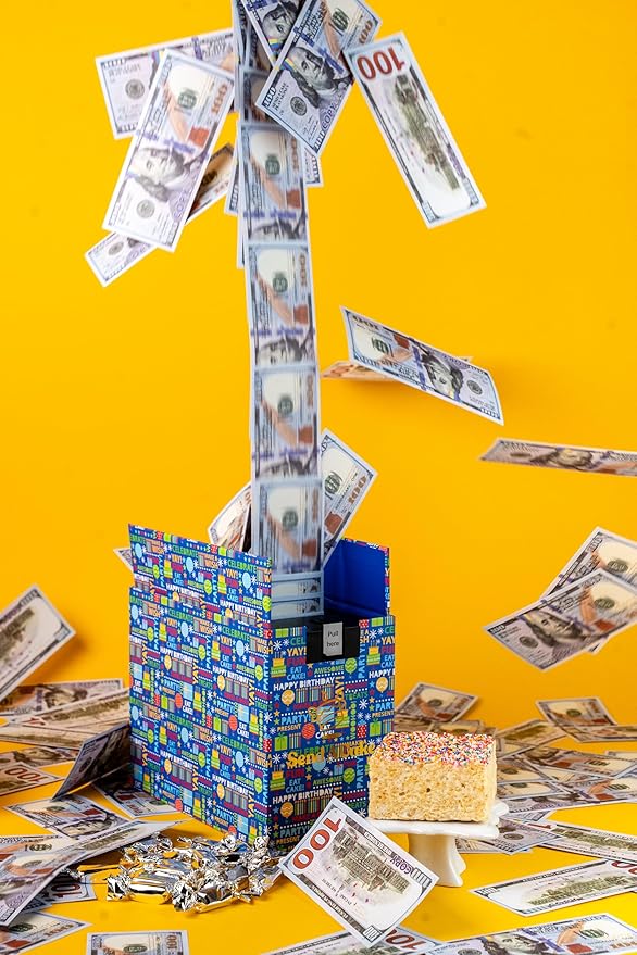 Birthday Billionaire Gift Box by Send A Cake – Ready-to-Gift Music Box with Sweet Caramels & 3" Sprinkle Dot Crispy Cake – No Assembly, Unique Birthday Gift for Women, Men & Kids