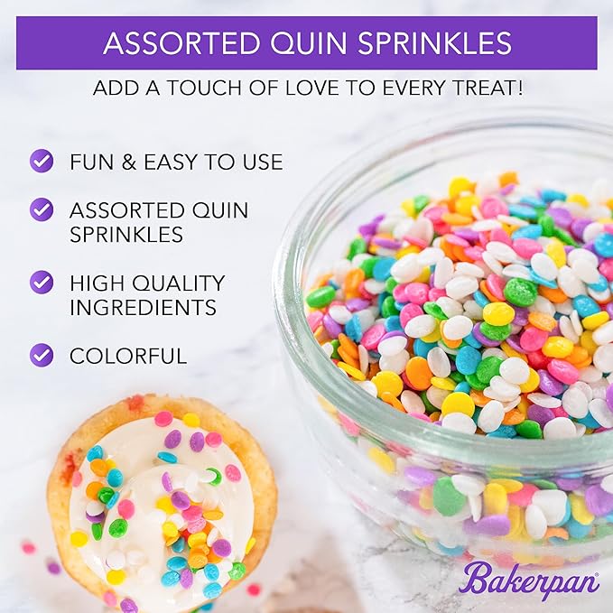 Bakerpan Quins Sprinkles for Cake Decorating - 4 Ounces - Rainbow Edible Confetti Sprinkles for Cupcakes, Ice Cream, Cookies, Cakes (Made in USA)