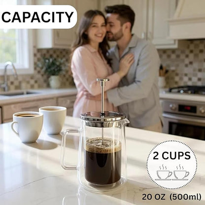 French Press Coffee & Tea Maker, 20 Ounce (500ml) – Thickened Double Wall Borosilicate Glass, 2-Cup, BPA Free, Small Coffee Press for Home, Office, Dorm, Gifts