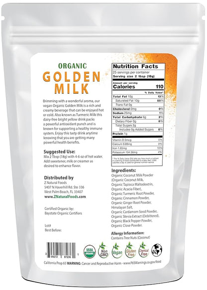 Z Natural Foods Organic Golden Milk Powder - Turmeric Superfood Blend, Mix In Coffee, Tea, Lattes, Smoothies Recipes - Non GMO, Vegan, Gluten Free - 1 lb