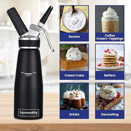 PRO Cream Dispenser, Durable High-Grip, Metal Lid with Rubber, 3 Nozzles, for Hot/Cold Use, Cleaning Brush Included, Black - 500 ml / 1 Pint