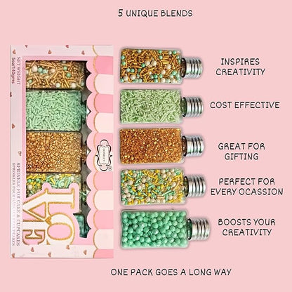 Confect Edible Sprinkles Mix Pack of 5 – Cool Summer Breeze Theme – Yellow Pearl Dragees, Mint Green & Gold Jimmies, Sparkling Gold Sugar – Cake & Cupcake Decorating Toppings - Vegan, Gluten-Free, Nut-Free, Soy-Free, Dairy-Free, Palm Oil-Free- 5 Oz