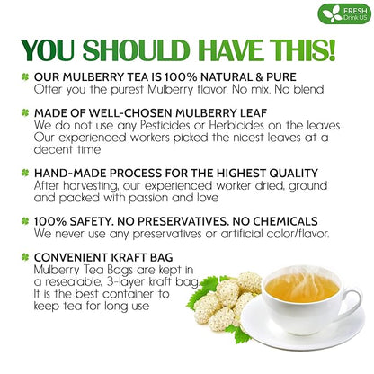 FreshDrinkUS, Premium 50 Mulberry Leaf Tea Bags, 100% Natural & Pure from Mulberry Leaves. Herbal Tea. Made with Natural Material Tea Bags. No Sugar, No Caffeine, No Gluten, Vegan.