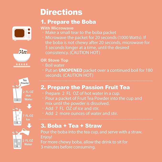 J WAY Instant Mango Peach Black Tea Kit with Authentic Fruity Colorful Tapioca Boba, Ready in Under One Minute, Paper Straws Included - 3 Servings