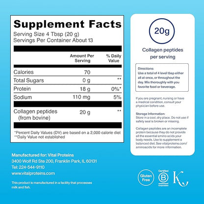 Vital Proteins Collagen Peptides Powder - Supports Hair, Nail, Skin, Bone & Joint Health, Unflavored, Collagen Protein 9.33 OZ