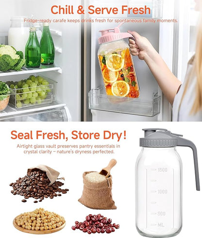 64oz Large Mason Jar Pitcher with Lid,2 Quart Airtight Glass Tea Pitchers for Fridge, Leak-Proof Coffee Dispenser,Heavy Duty Water Container for Cold Brew Juice,Breastmilk Storage-(Black+Green+Yellow)