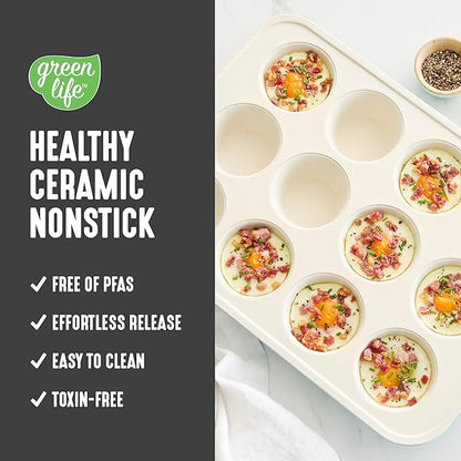 GreenLife 12-Cup Muffin Pan, Healthy Ceramic Nonstick Bakeware, PFOA & PFAS-Free Cupcake Sheet, Durable Baking Tray, Versatile Kitchen Essentials, Easy Clean Muffin Mold, Nonstick Baking Pan, Black