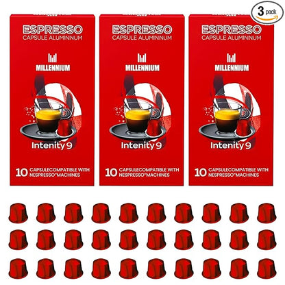 Prince Caffe Espresso Pods –Millennium Intensity 9, Medium-Dark Roast, The Espresso Coffee Pods Are Compatible with Nespresso Original Line Machines, 30 Count (3 x 10 Capsules) Premium Quality Coffee Capsules.