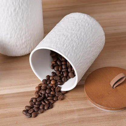 JOJUNO White Ceramic Canister Set with Wooden Lid, 3-Piece Airtight Food Storage Jars for Kitchen Counter - Flour, Sugar, Coffee, Tea, Spice - Small, Medium, Large Sizes - Stone Texture