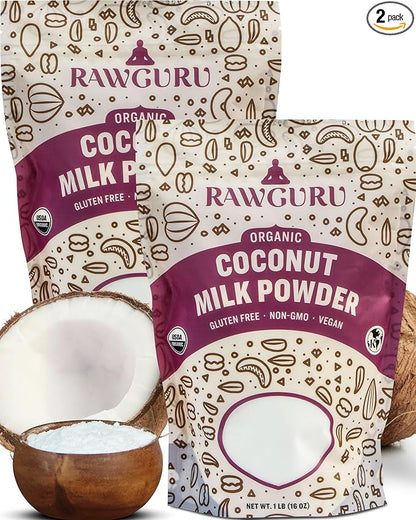 RawGuru Organic Coconut Milk Powder - Vegan & Nutrient-Dense Powder with Iron & Potassium - Rich & Creamy Organic Milk for Drinking or Baking - 16 oz, Pack of 2
