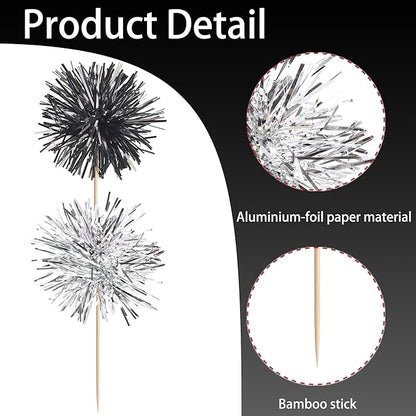 40 PCS Foil Firework Cupcake Toppers Sparkle Tinsel Cupcakae Picks Foil Firework Party Decorations Cocktail Fruit Toothpick for Fireworks Theme Birthday Wedding Graduation Party Decor Black Silver