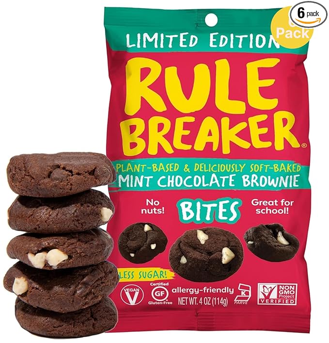 Rule Breaker Vegan & Gluten-Free Cookies | Mint Chocolate Brownie Bites |Plant-Based, Dairy, Nut, Soy, Allergen Free, Kosher | Soft-Baked School Snacks for Kids and Adults (Pack of 6)