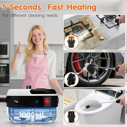 Steam Cleaner, 2500W High Handheld Steam Cleaner, 1L Portable Car Steam Cleaner, 6 High Speeds Pressure Temperature Steam Cleaning Machine with 3 Brush Heads for Kitchen Home Car Cleaning（White）