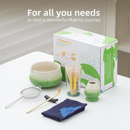 TEANAGOO 7 Pcs Matcha Whisk Set,Green Matcha Set, Ceremony Matcha Powder Kit,Matcha Tea Set for Making Latte,Matcha Whisk Set and Bowl with Scoop&Sifter,Fuji Design Ceramic Bowl,Gift for Matcha Lovers