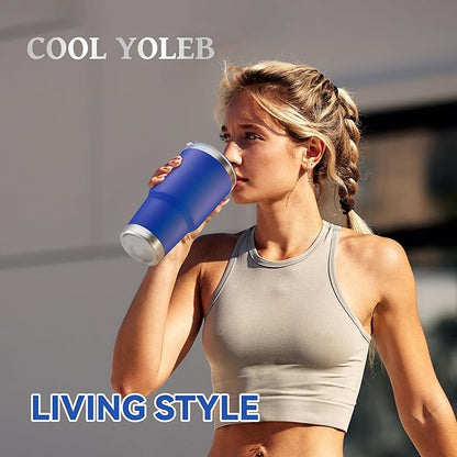 30 oz Tumbler with Lid Stainless Steel Tumblers Bulk Vacuum Insulated Cup Reusable Powder Coated Travel Mug Double Wall Leak Proof Cups Keep Cold Drinks for 12 Hours Blue, Set of 8