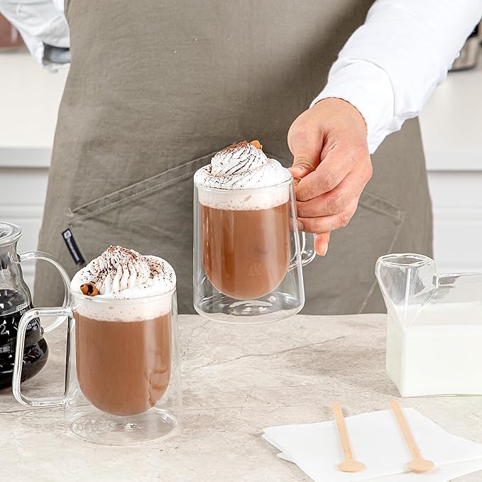 Restaurantware-Forma Professional 10.2 Ounce Double Wall Coffee Mugs, 2 Insulated Coffee Mugs With Handle - Dishwashable, Reusable, Clear Glass Beverage Cups, Freezable, For Hot Or Cold Beverages