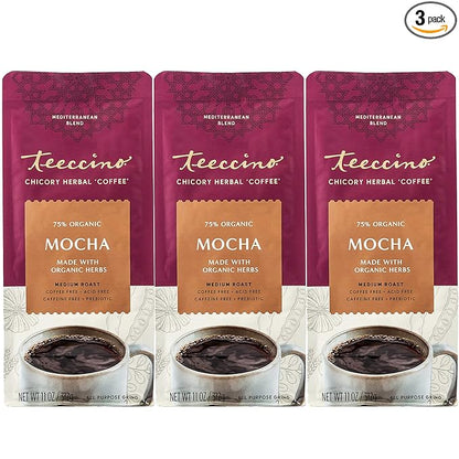Teeccino Mocha Chicory Coffee Alternative - 11 Ounce - Ground Herbal Coffee That’s Prebiotic, Caffeine-Free & Acid Free, Medium Roast, (Pack of 3)