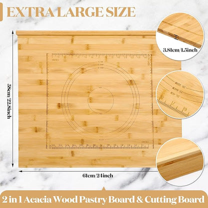 Vesici Reversible Pastry Board with Lip for Rolling Dough Large Wooden Cutting Chopping Kneading Board with Engraved Measurements for Counter Table Top Kitchen(Wood,24 x 22.8 x 1.5 Inch)