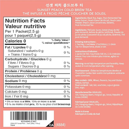 OSULLOC Sunset Peach Cold Brew Tea, Sweet peach flavored iced tea, Hydration Tea Packets (20ea, 1.76oz)