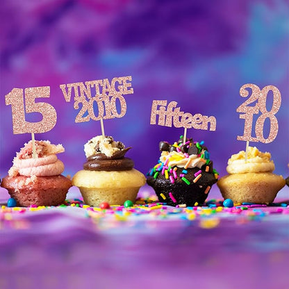 Gyufise 24Pcs 15th Birthday Cupcake Toppers Glitter Fifteen Vintage 2010 Hello 15 Years Birthday Cupcake Picks Sweet 15 Cake Decorations for Happy 15th Anniversary Party Supplies Rose Gold